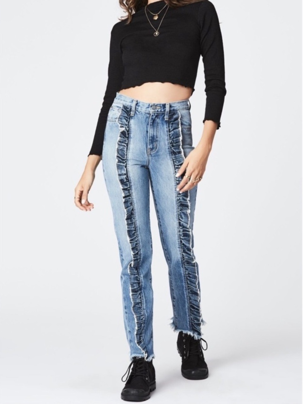 {Carmar} "Ursula" Blue High Rise Straight Leg Ruffle Denim Jeans WJ496